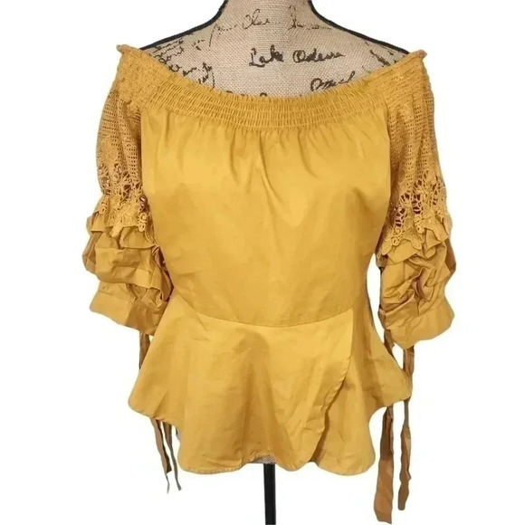 Bubble Sleeve W/bow Tie Off The Shoulder W/crochet Lace Cotton Woven Top… - Picture 3 of 9